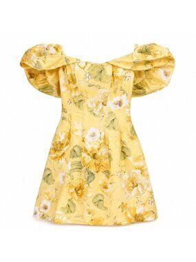 Ever New Jacquie Off Shoulder Mini Dress 0 Gold Floral NWT Puff Sleeve Botanica